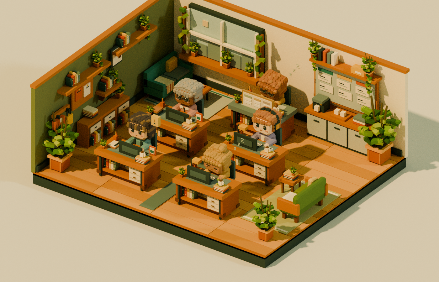 Nook's 3D office: five chibi-style agents at wooden desks, surrounded by books, plants, and a small reading corner.